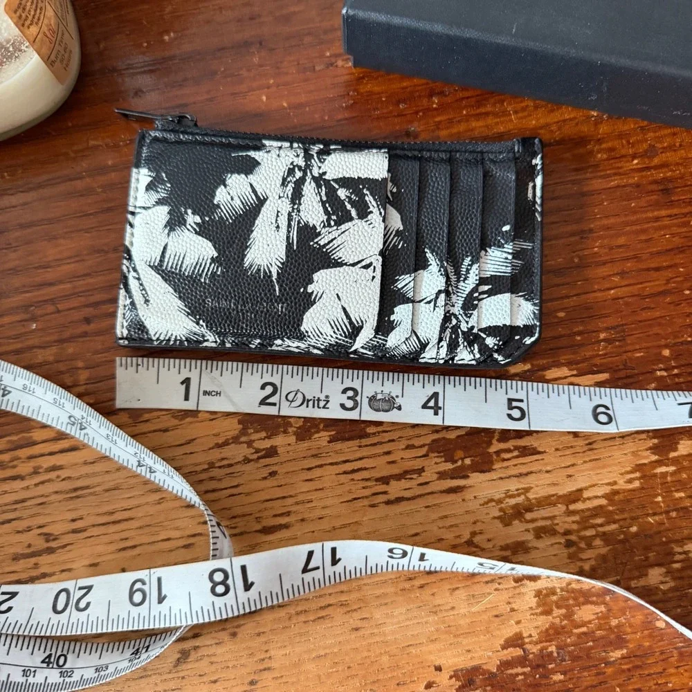 Saint Laurent Palm Tree Print Leather Card Case Wallet Black White Zipped